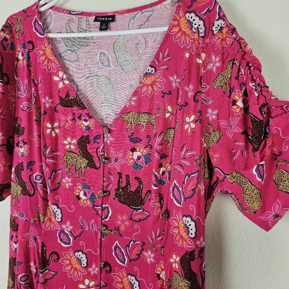 Torrid Pink Midi Button Front Dress 2X Floral Jungle Print Tie Waist - Picture 6 of 15